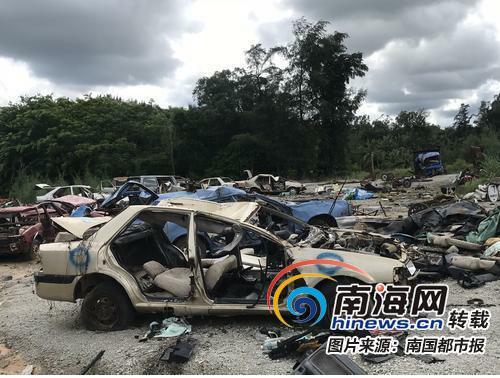 琼海荒地堆放上百辆报废车零部件扔得哪都是 责令清场