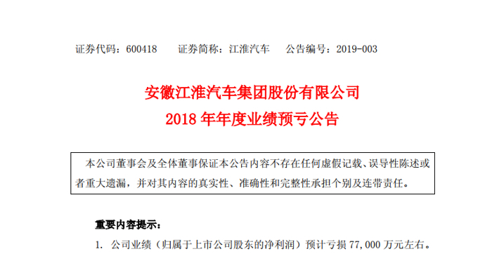 江淮汽车：2018年净利润预亏 2019年将聚焦转型升级
