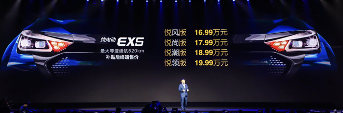 北汽新能源EX5正式上市 补贴后售价16.99万元起
