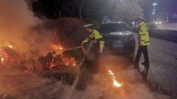 绿化带燃起大火直逼路边轿车，巡逻交警变身“火警”扑火
