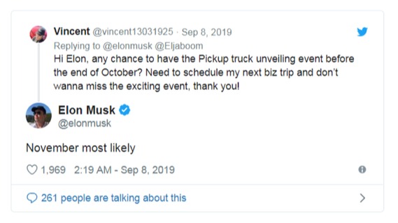 特斯拉电动皮卡“跳票” 发布推迟到11月