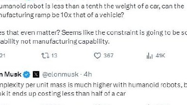 马斯克：人形机器人成本将不到一辆汽车的一半
