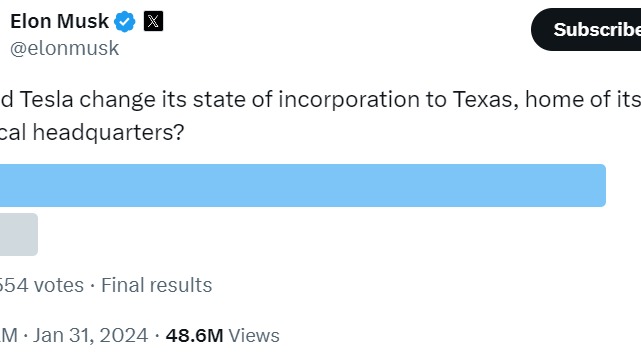 马斯克将启动股东投票 欲将公司注册地迁到德克萨斯